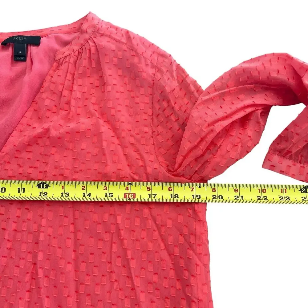 J. Crew Swiss Dot Silk Blend Blouse Size 4 Coral Pink Sheer Textured V-Neck